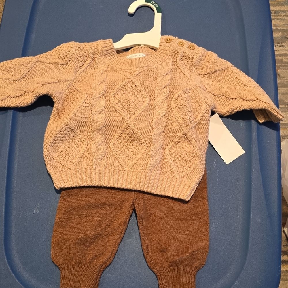 Kids Cable Knit Sweater and Pants Set - Cream and Brown